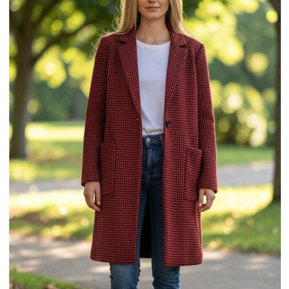 Philosophy Womens S/P Dark Academia Houndstooth Knit Red Black Preppy Coat NEW